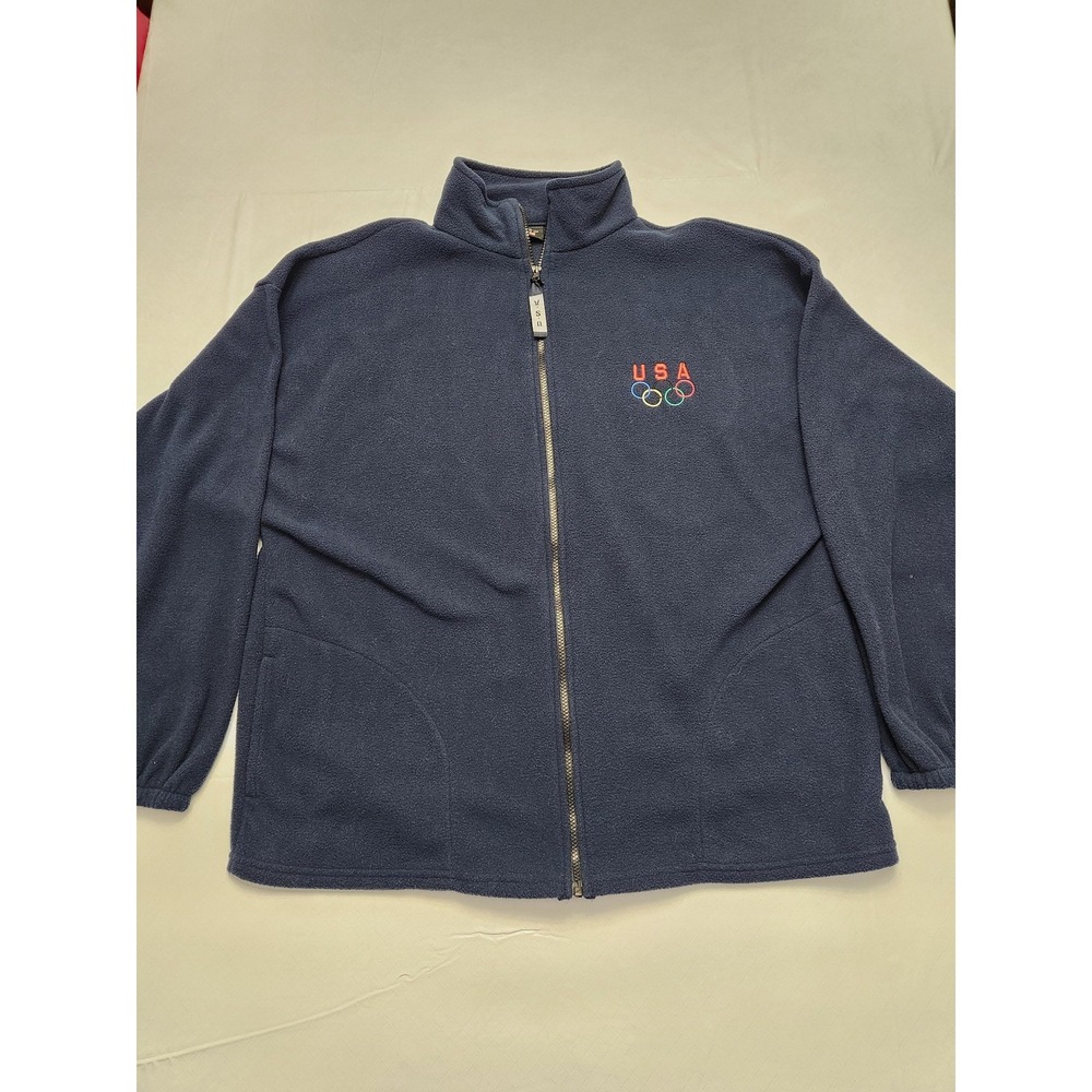 Vintage USA Olympics Jacket Mens XXL Navy Blue Full Zip Fleece Embroidered Rings